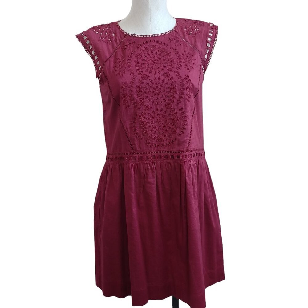 LOFT Burgundy Eyelet Embroidered Cap Sleeve Fit & Flare Mini Dress Small